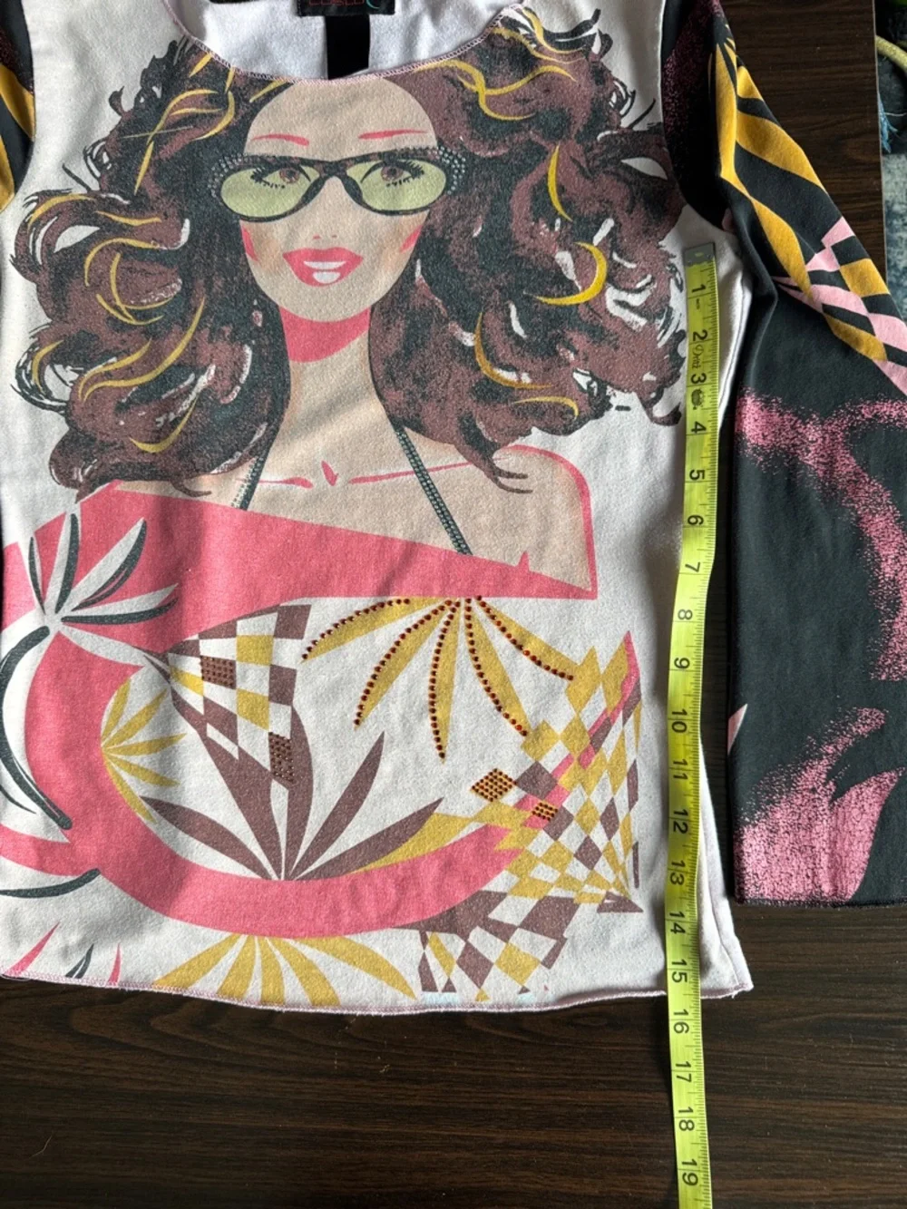 Custo Barcelona Multicolor Graphic Long Sleeve Top — Pink, Black & Yellow - Picture 4 of 5